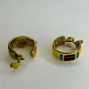 Gold-Toned Hoop with Black and Blue Rectangular stone Earrings